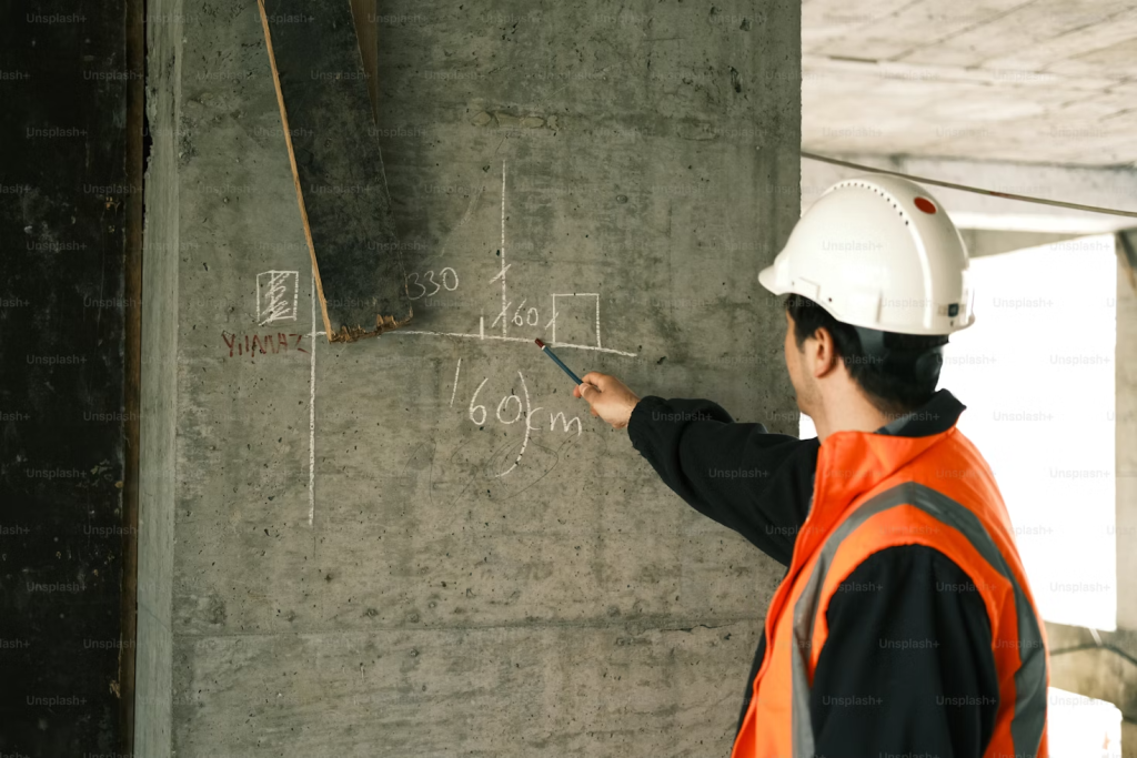 Construction worker measuring and sketching diagrams on concrete wall at building site